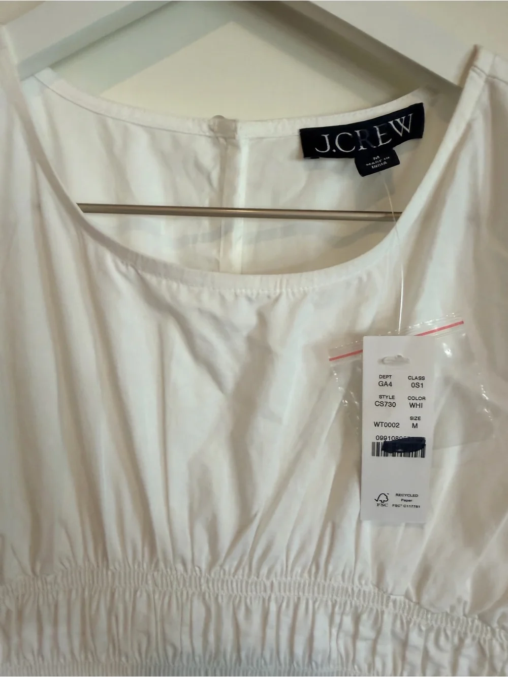 J. Crew White Smocked Midi Dress in Cotton Poplin Medium